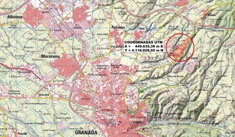 Ubicaci�n (en c�rculo rojo) y extensi�n del parque fotovoltaico proyectado entre V�znar, El Fargue y Jun.